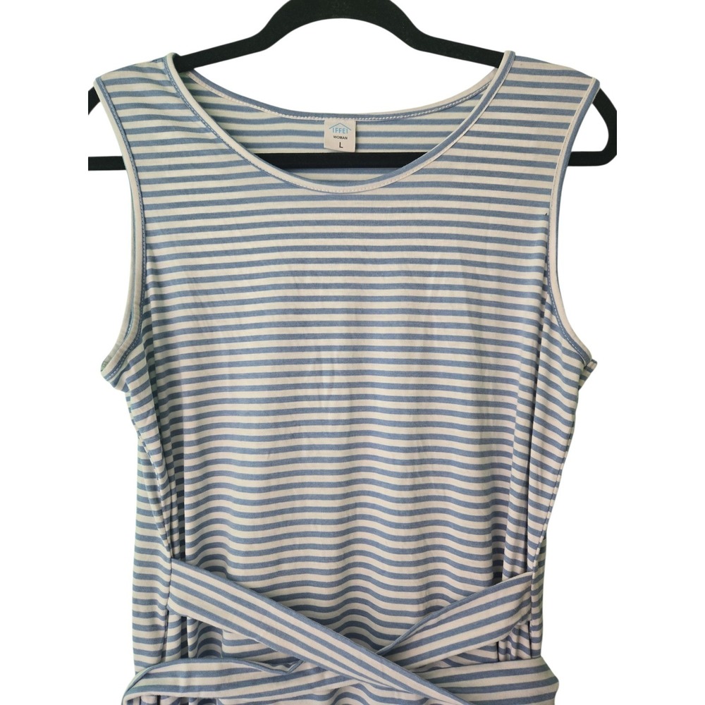 IFFEI Womens Blue White Striped Midi Dress Tie Waist Pockets Coastal Nautical
